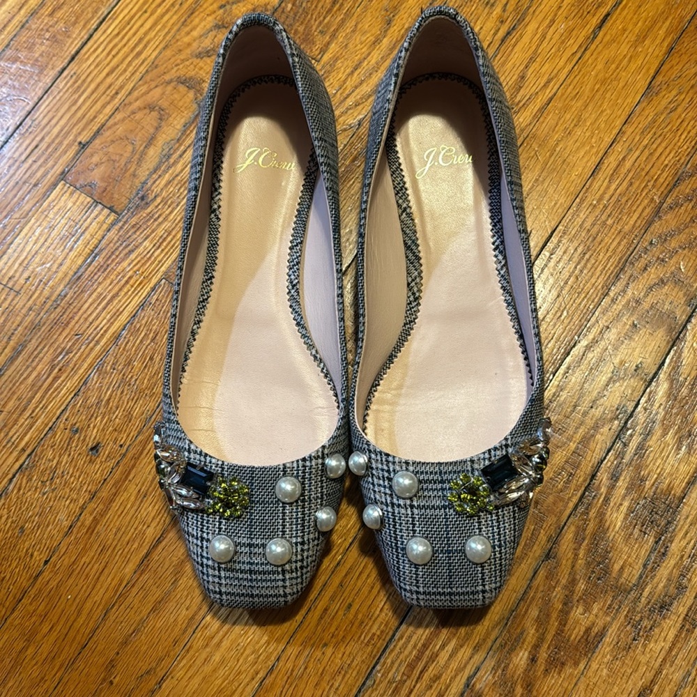 J. Crew SALLY Poppy BALLET Pearls EMBELLISHED PLAID Flats Black Shoes 7.5 - Picture 5 of 8